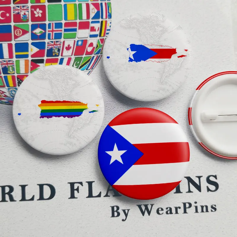 

Puerto Rico Flag Map Tin Button Pins LGBT Gay Rainbow Pride Tin Button Badges