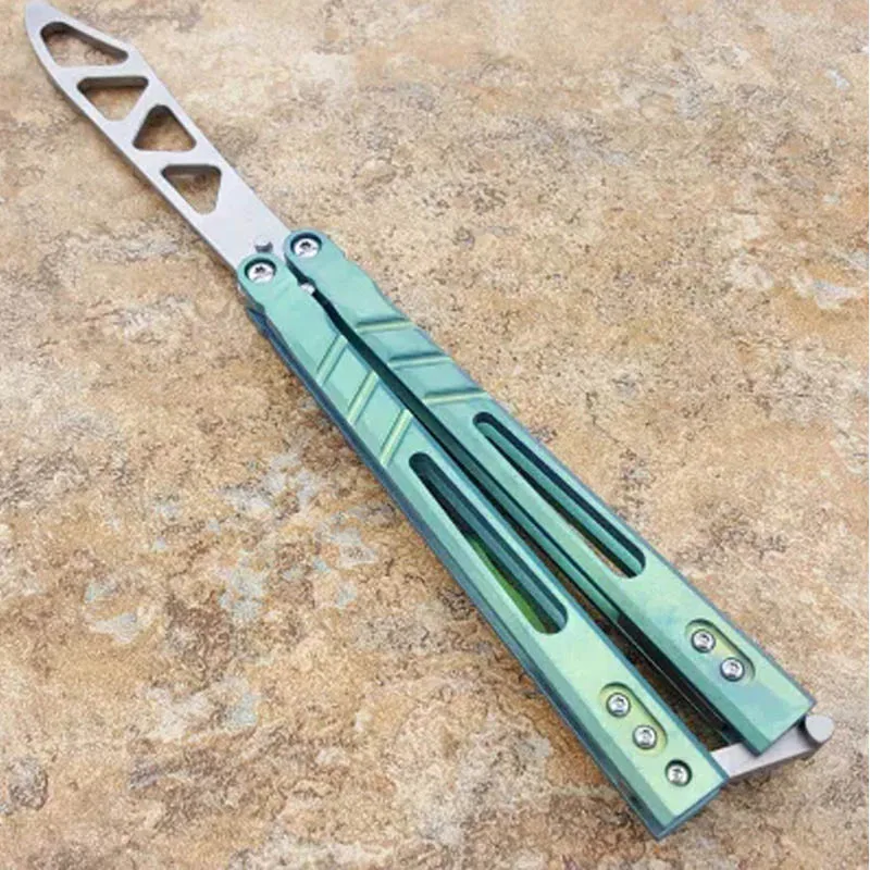 

1PC Butterfly In Knife Titanium Handle Non Sharp Trainer Practice Folding Pocket Training Tools Green / Silver with Knife Cover