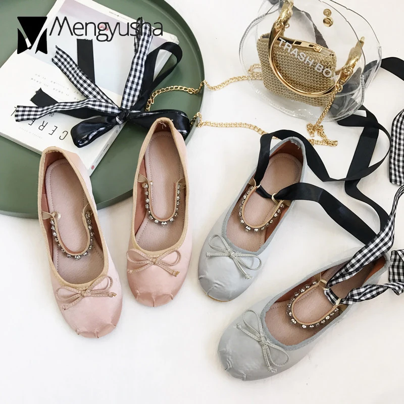 Женские балетки с бантом и круглым носком туфли на плоской подошве без застежек