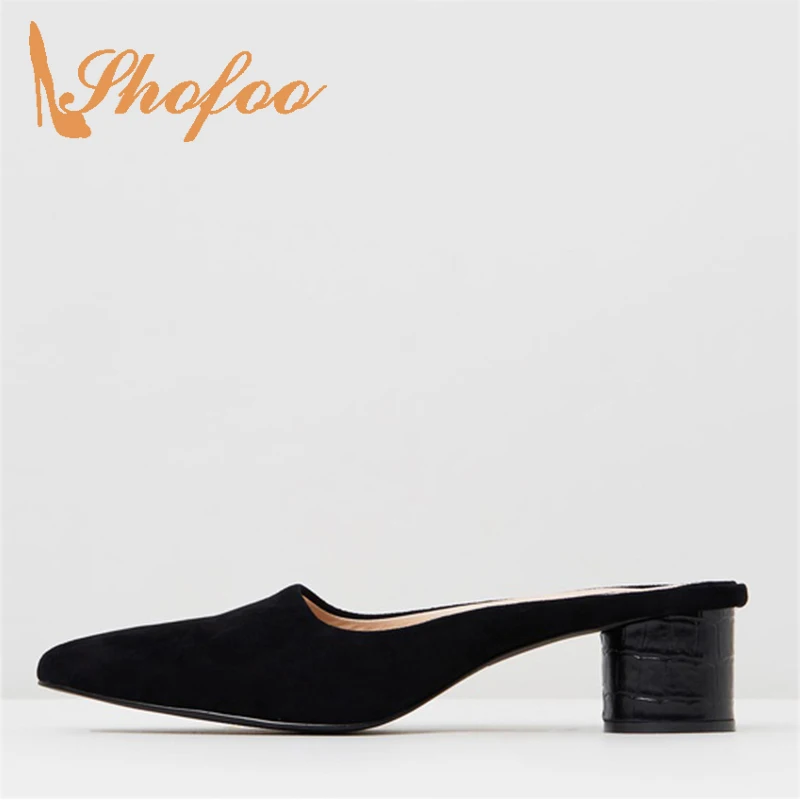 

Black High Chunky Heels Slippers Outside Slides Slip On Sandals Woman Large Size 11 16 Soft Leather For Ladies Footwear Casual
