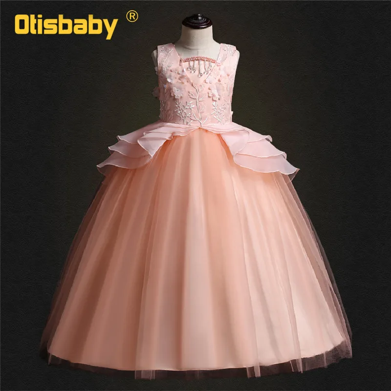 Кружевное длинное вечернее платье без рукавов; Свадебные платья для девочек; От 10 до 14 лет Детские бальные платья с вышивкой на выпускной - Цвет: Pink