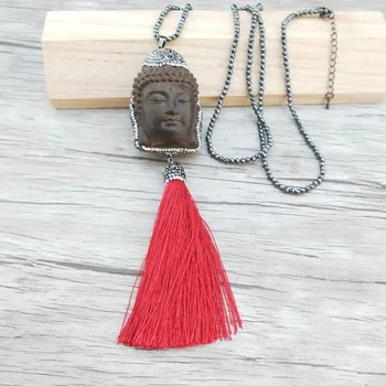 

4 Strands Hematite beads Chains necklace, wood Maitreya Buddha Head tassels Pendant Jewelry necklaces NK306