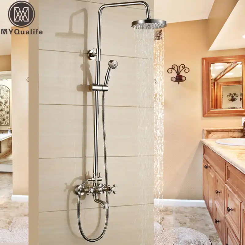 Brushed Nickel Shower Set Faucet Wall Mount Dual Cross Handles 8