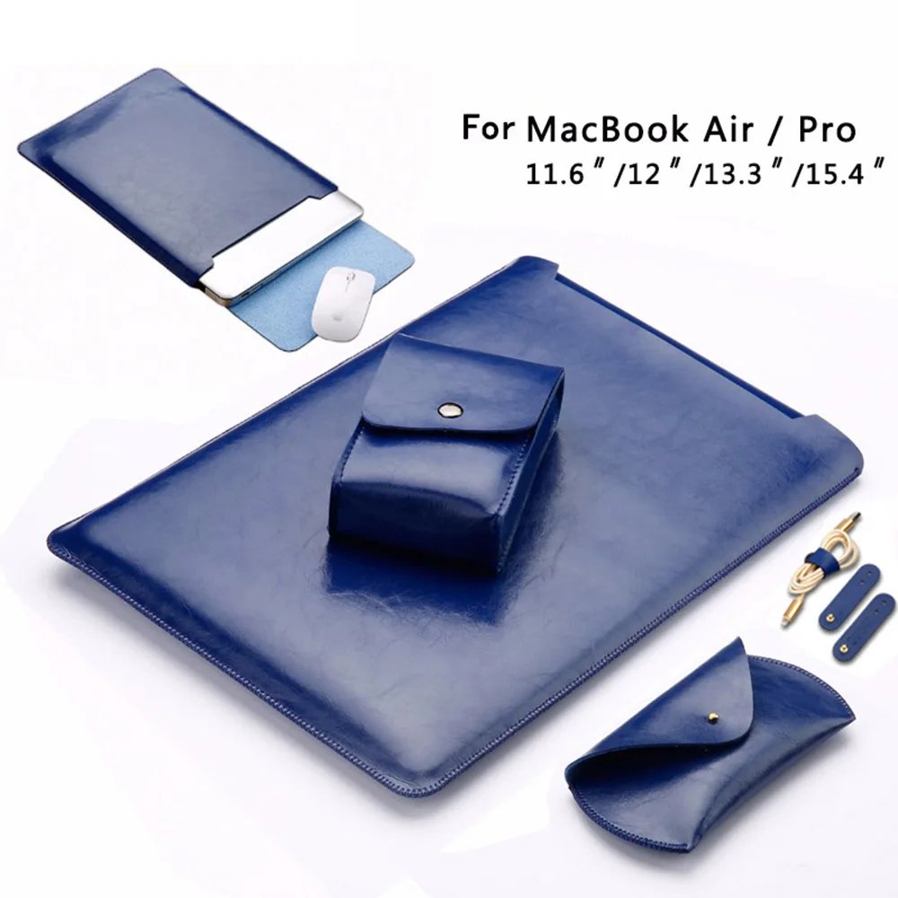  2017 Laptop Sleeve Case Pouch Solid Charger Bag Mouse Case 3pcs Cable Winder Leather Cover for Macb
