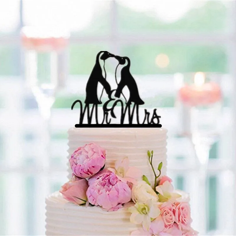 

Penguins Couple Wedding Cake Topper Black Acrylic Personalized Cake Topper Custom Last Name For You