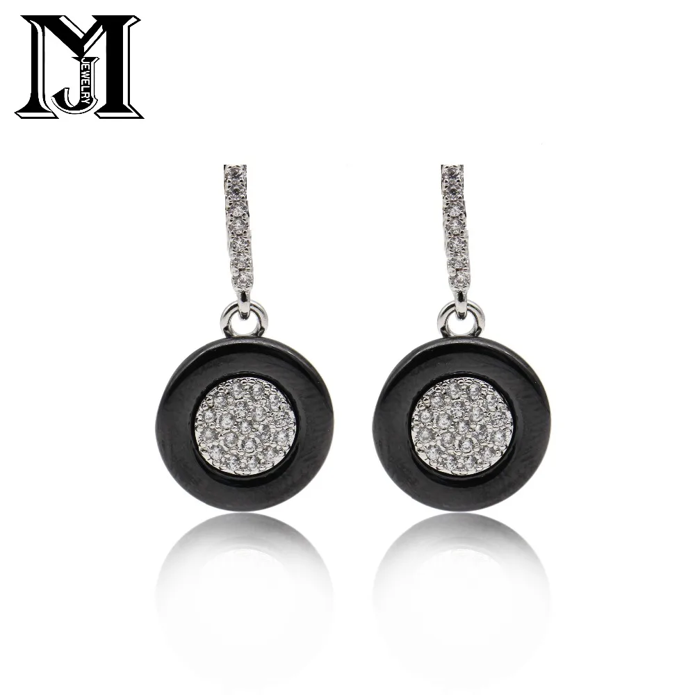 

JiaMu new fashionable pendants natural zirconium ladies earrings with black ceramic oval ceramic S925 sliver ears for party