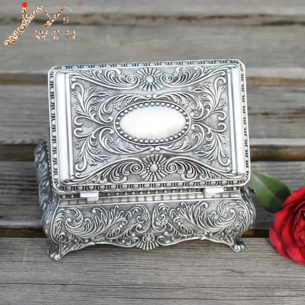 

Free shipping pewter plated big size flower engraved metal jewellery box, zinc alloy trinket gift box, nice jewellery case