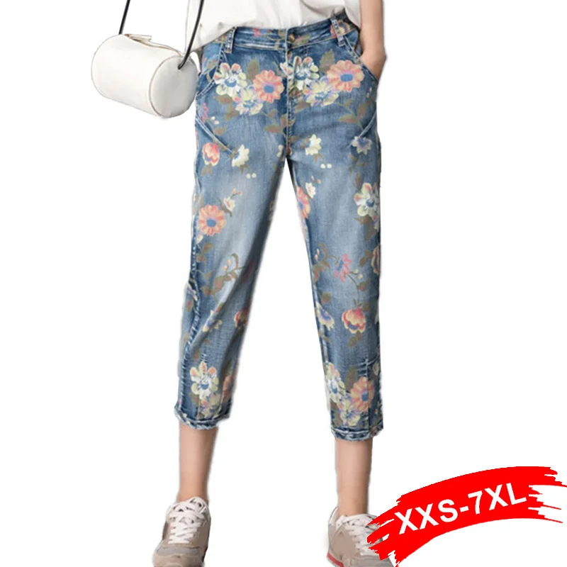 

Summer Europe High Waist Loose Harem Pants Vintage Denim Jeans With Floral Print Large Size Seven Capris Denim Jean XXXL 6XL 7XL