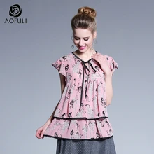 AOFULI XL-4XL 5XL Женские блузки с цветочным принтом 2019 Большие размеры, летняя шифоновая рубашка с оборками, розовые Свободные повседневные топы ...(China)
