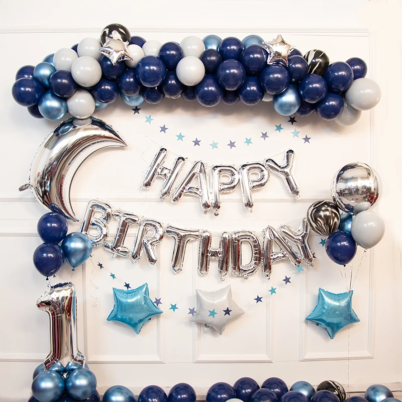 Темно-синий шар гирлянда и листья серебро Луна день рождения задник с воздушными шарами серебро счастливый воздушный шар на день рождения розовый баллон арочный комплект