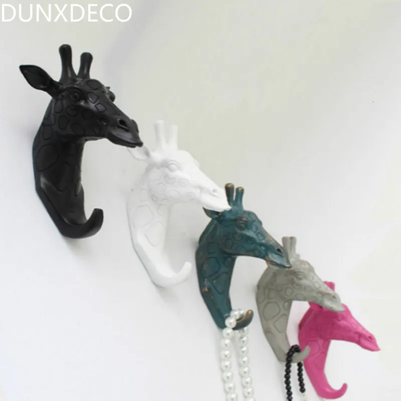 

DDUNXDECO Home Decoration Accessories Vintage Miniatures Animal Giraffe Head Figurine Hook Resin Craft Wall Decor