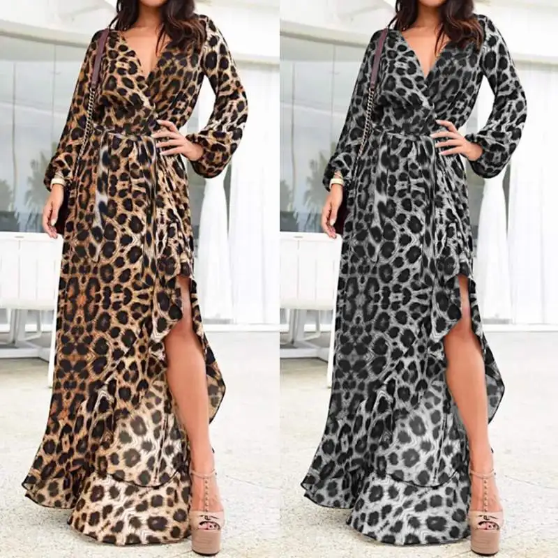 ZANZEA Women Sexy Leopard Print Dress Long Maxi Vestidos Ladies Asymmetrical High Split Ruffles Dresses Summer Sundress