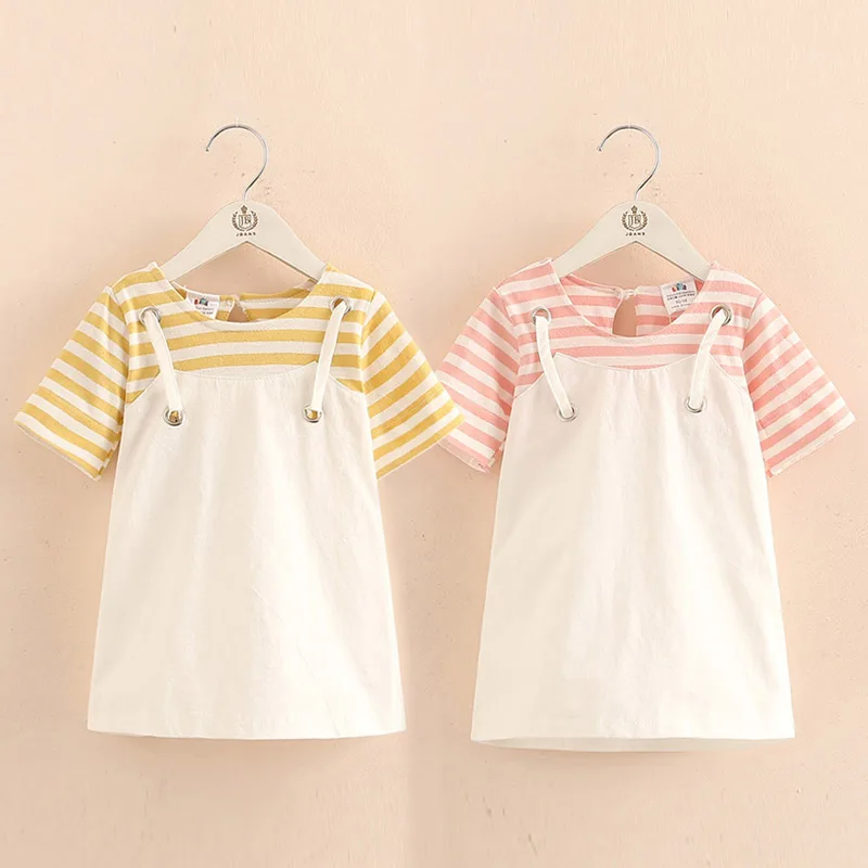 

2018 Summer Little Kids Children Short Sleeve Striped Fake Two Pcs Suspenders Dresses For Girls of 2 4 6 8 10 12 Years old