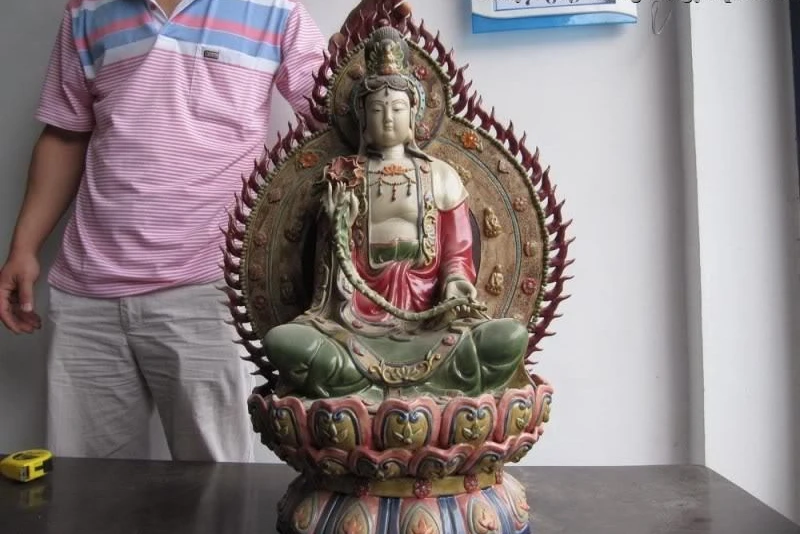 Китайский фарфор WUCAI цветок лотоса Bodhisattva Kwan-Yin Будда Гуаньинь статуя