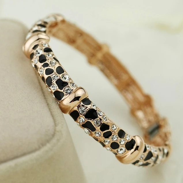 

Vintage Black leopard print Crystals Bangles Fastness Gold color Silver Bangle&bracelet Wristband For women Wedding jewelry