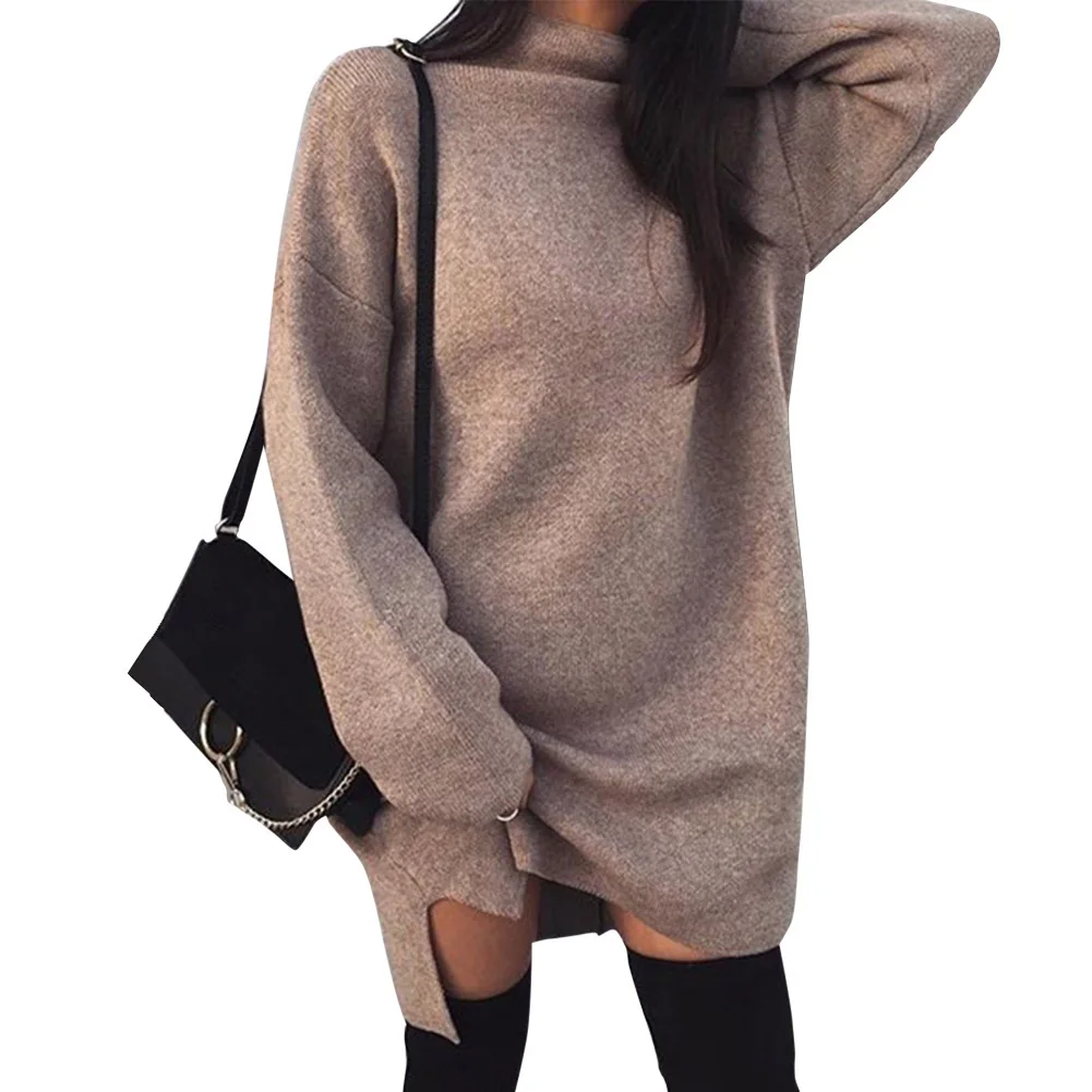 

casual large-sized loose knitted high-collar open-forked dress woman