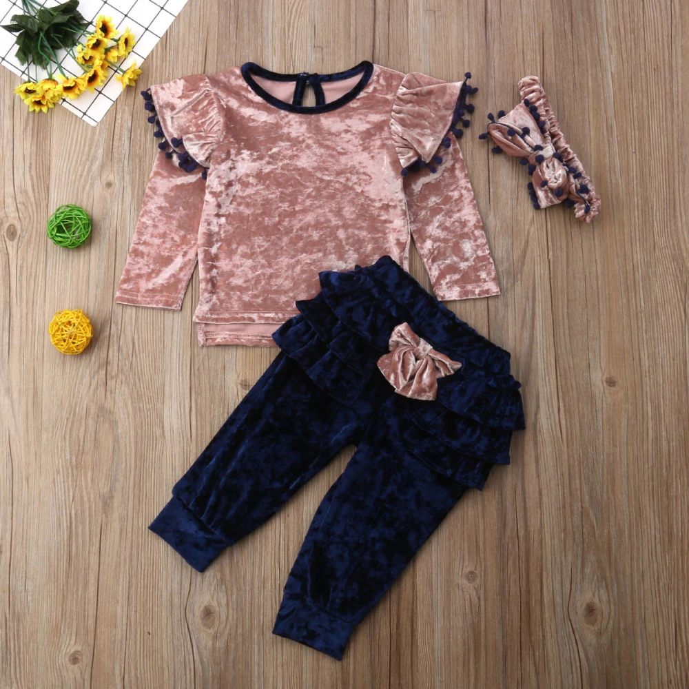 Брендовые топы с оборками для маленьких девочек; штаны с бантом; комплект одежды из 3 предметов; одежда для малышей 1-6 лет