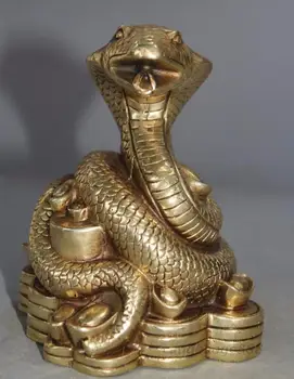 

4.3" Chinese brass Yuanbao Coins Wealth Zodiac Year Snake Snakes sculpture