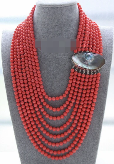 

huij 002156 AAA 16"-23" 8row 7mm round pink coral beads necklace 925s mabe pearl clasp
