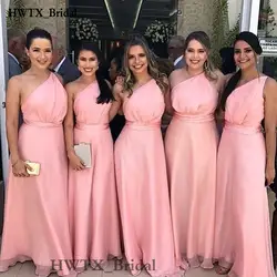 Розовый одно плечо платья невесты Свадебная вечеринка Robe Demoiselle D'honneur линии шифон 2018 долго фрейлина платье Дешевые