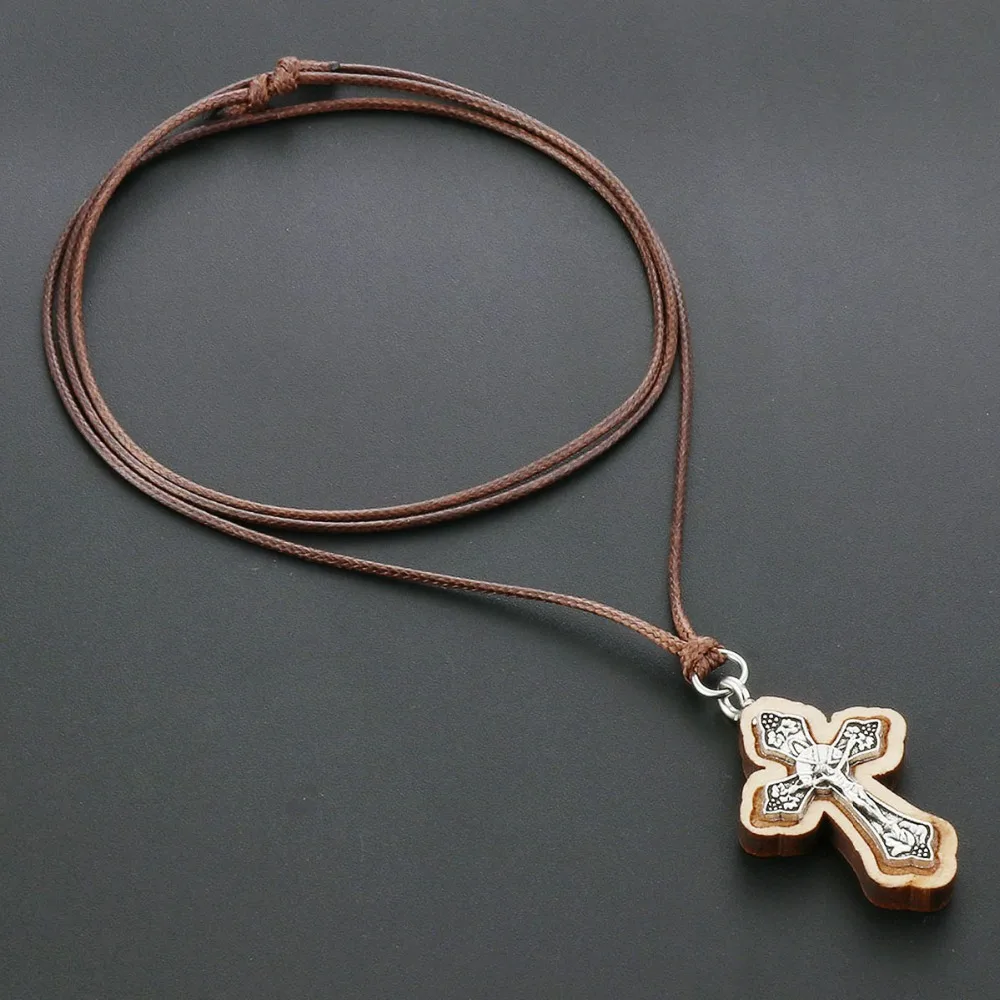 

Religious Jesus Medieval Jewelry Wooden Jerusalem Cross Pendant&Necklaces for Women Natural Rope Chains Mother Gift collar NC172