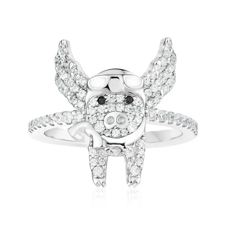 

SLJELY High Quality 925 Sterling Silver Flying Piggy Ring Pave Full Cubic Zirconia Stone Pig for Women Monaco L'aviateur Jewelry