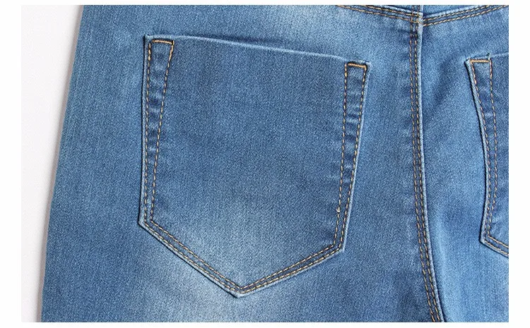 Для женщин джинсы с высокой талией модные сапоги выше колена рваные узкие тянущиеся ботильоны-Длина пикантные узкие элегантные летние женские синие джинсы