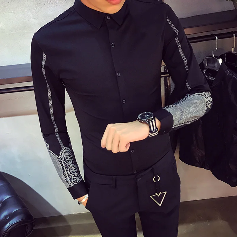 

2019 New Men Shirt Long Sleeve Shirts Designer Print Casual Shirts White Black Men Night Club Work Social Shirts Chemise Homme