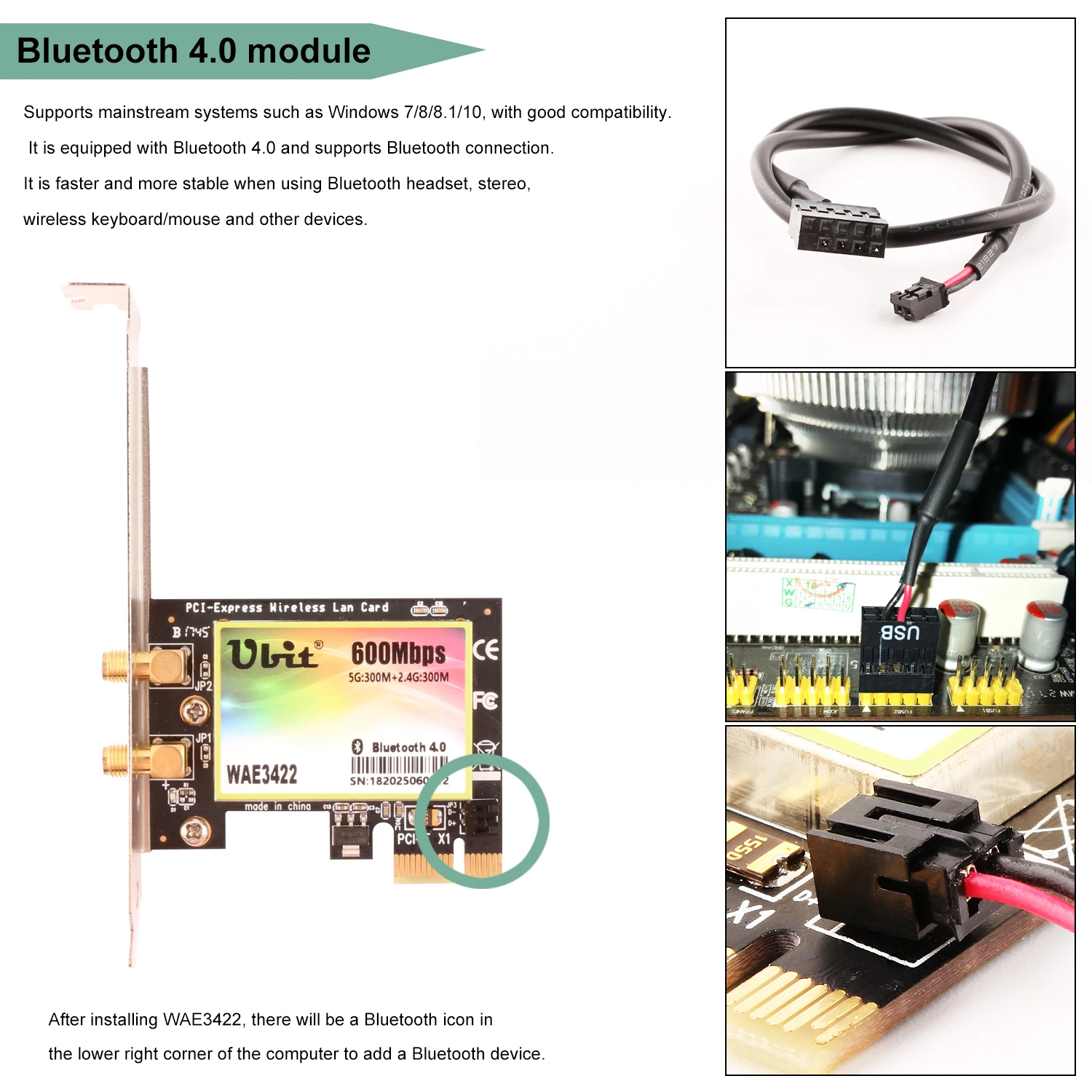 Ubit WiFi карта, 300 Мбит/с двухдиапазонный PCIe Express Bluetooth адаптер Сетевая карта WLAN WiFi адаптер с Bluetooth 4,0 для рабочего стола