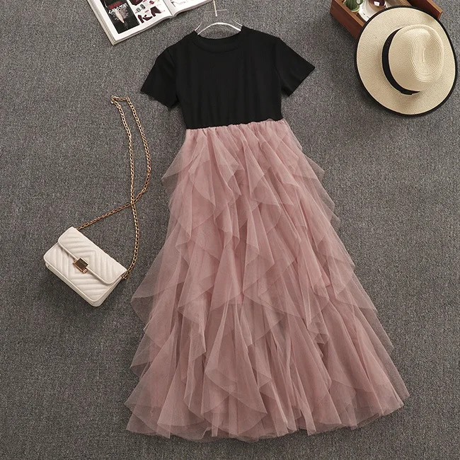 

Summer mesh stitching short sleeves small fresh dress women