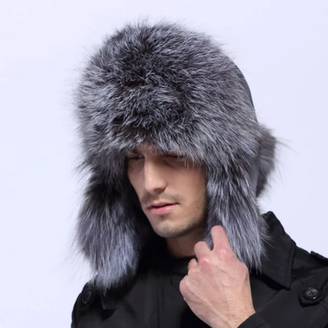 Men winter fur hat genuine leather hat bomer fur hat for men ear