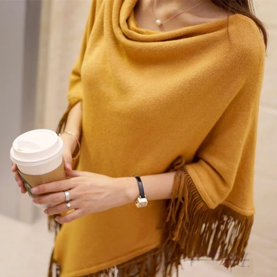 Пончо женские вязаные свитера пальто весна осень однотонный элегантный пуловер Джемпер неровная кисточка подол накидка Pull Femme - Цвет: Yellow