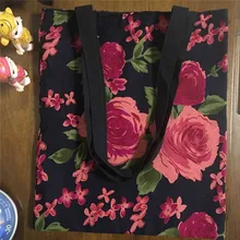 Yile вручную 2-х слойный черная подкладка из хлопка и льна Экологичная для шоппинга с ручкой сумка роза цветок 1756