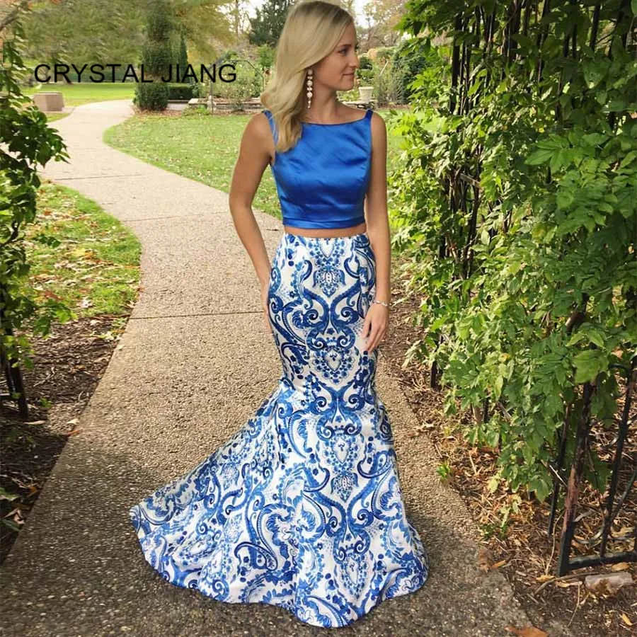 

New Arrival 2019 Two Pieces Blue Floral Printed Evening Dresses Custom made Mermaid Formal Long Evening Party Gown