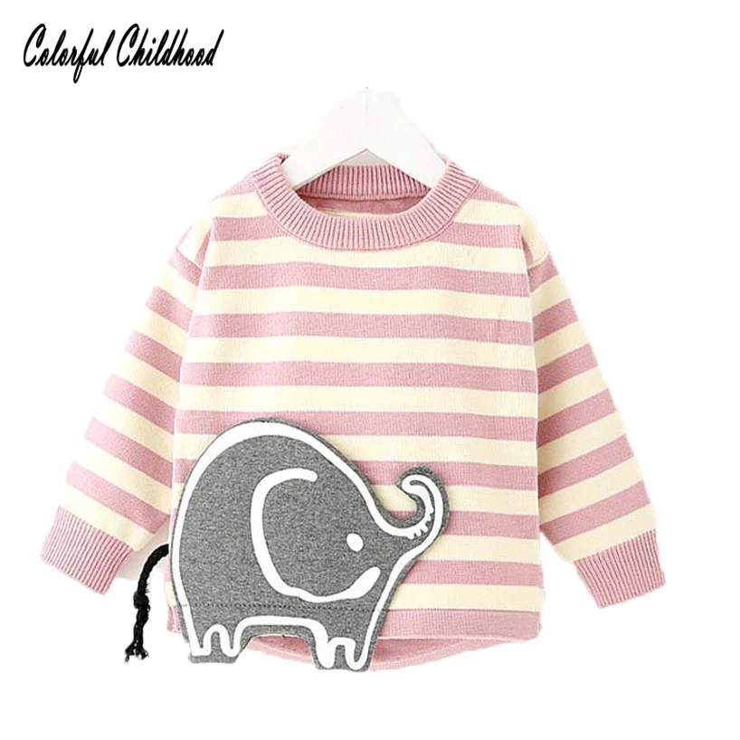 

Cute elephant embroidery long sleeve sweater for girls cotton knitting Stripe pullovers kids tops children outwear 1-5Yrs