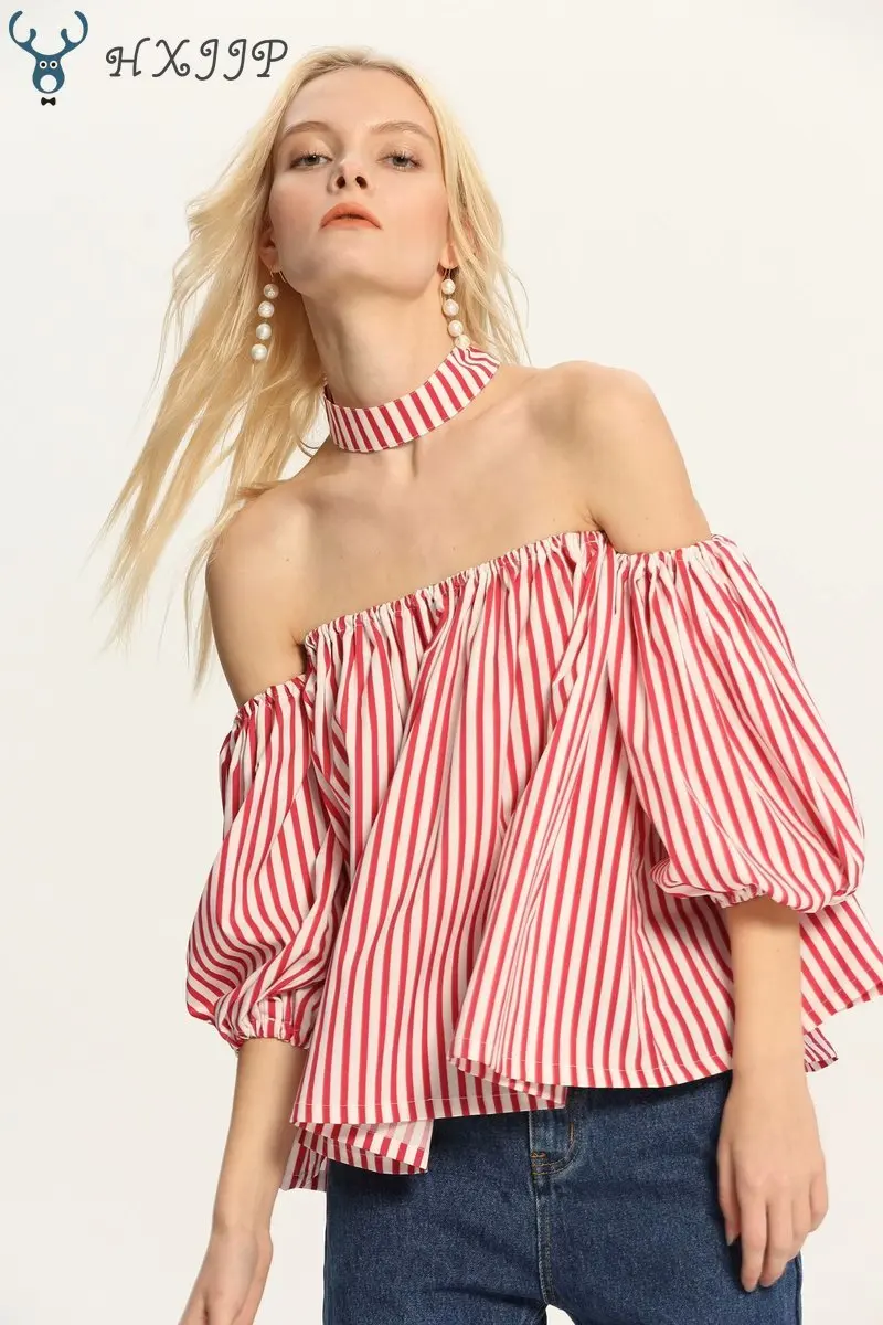 

HXJJP Spring New Western Style Leisure Vertical Stripes Slash Neck Stretch Lady's Skinny Shirt Women's Short Chiffon Tops