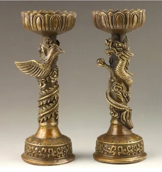 

YM 309 Chinese Handmade Fine Dragon And Phoenix Bronze Candlestick Pair Statue StatUE