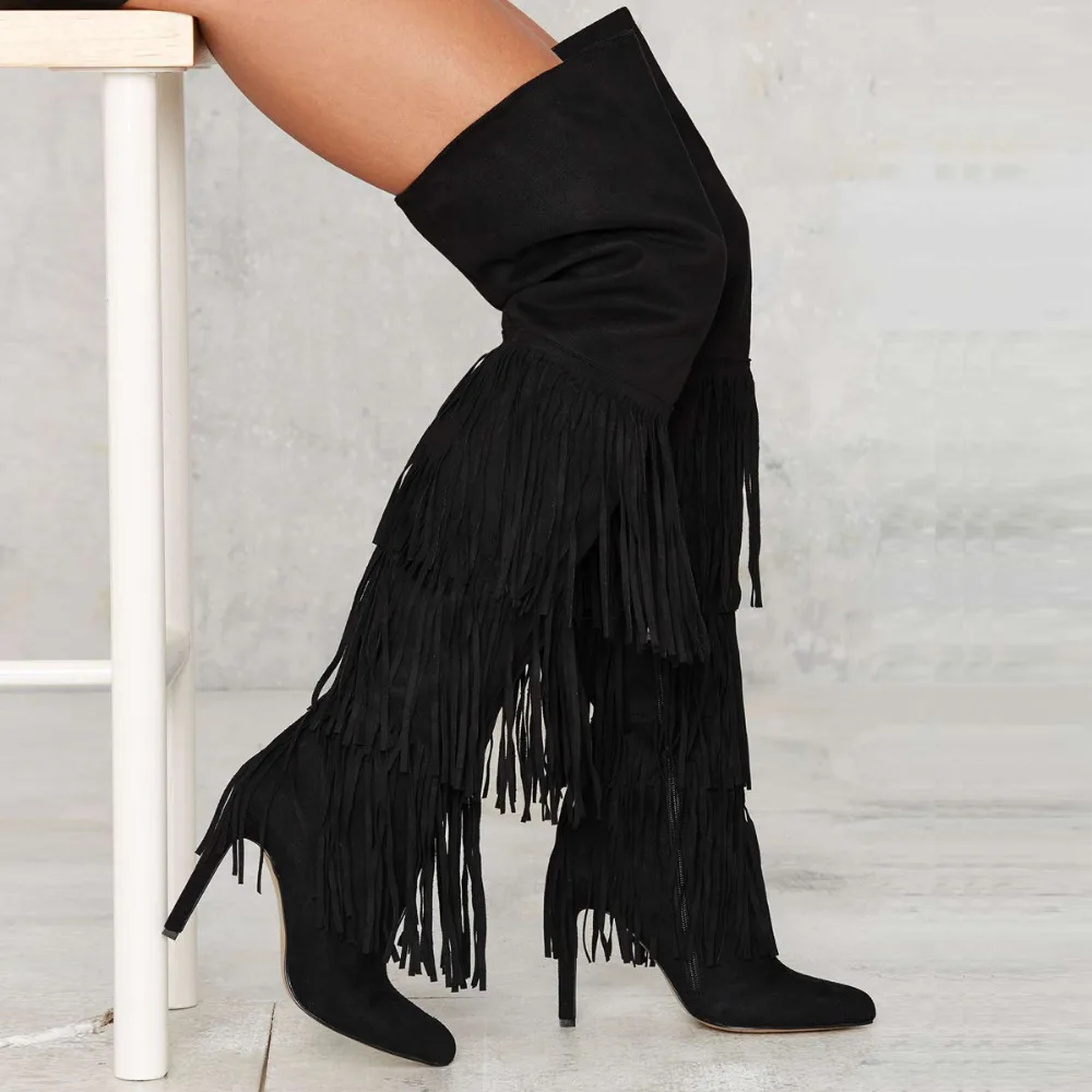 Del Punta Gamuza De Black Las Encima Borla Altas Mujeres Sexy Extremadamente Botas Rodilla Invierno Alta Tacón Muslo Zapatos Por Mujer La Negro nAF4ZqaA