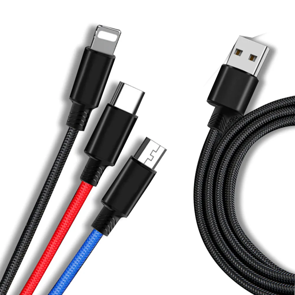 

3 In 1 Micro USB Lighting Type C Charge Cable for IPhone 7 8 6 6s Plus X 10 Xiaomi 8 6 Samsung Long Charging Data Cables 1.2 2M