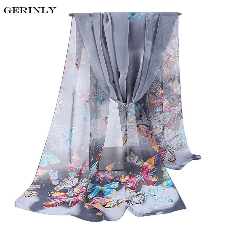 

New Women Chiffon Silk Scarf Fashion Spring Long Polyester Scarves Printed Butterflies Hijab Scarfs Summer Shawls Female Wraps