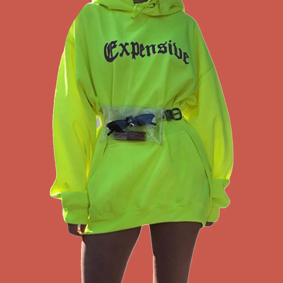 

Fluorescent Sweatshirt Neon Hoodie Poleron Mujer 2019 Kangaroo Pocket Hoodie Lace Up Oversized Hoodie Dress Women Goth Lettering