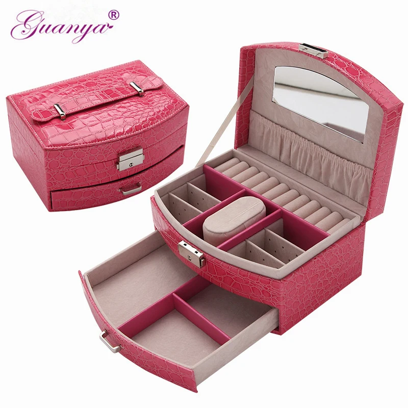 Guanya High Grade Portable Sector Leather Jewelry Box Double Layers Jewellery Ring Earings Storage Box Carrying Case Organizer