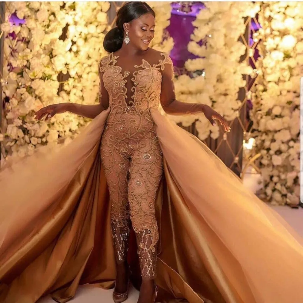

Beaded Blush Pink A-line Jumpsuit Prom Evening Event Party Maxi Gown Custom Made Vestidos Party Wear Long Sleeves Prom Lady Gown