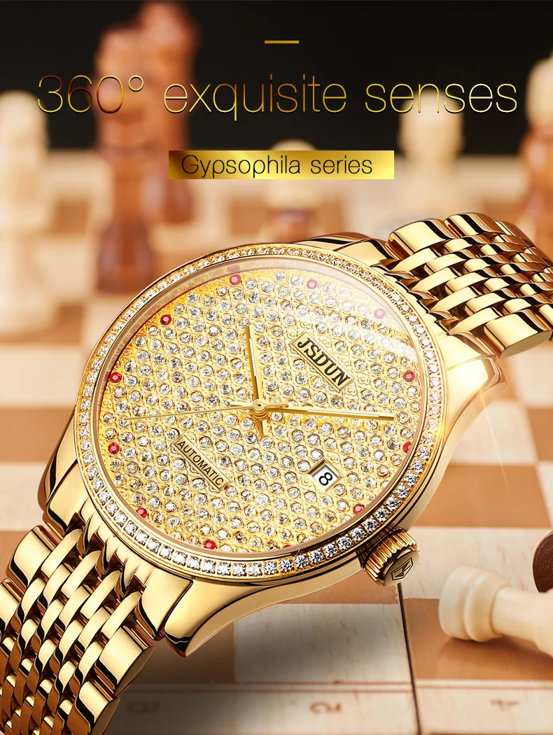 Для мужчин смотреть лучший бренд Роскошные наручные часы JSDUN Полный алмаз автоматические самовзводные нержавеющая сталь водонепрони