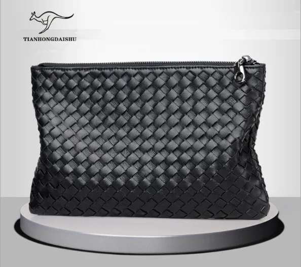 

TIANHONGDAISHU men's Genuine Leather Handbag Business soft Cowhide Knitting Envelope High capacity Day Clutches bags