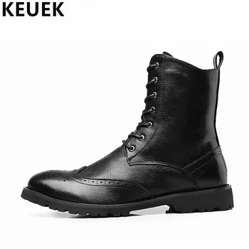 

Spring Autumn Men boots Lace-Up Mid-Calf Motorcycle boots Male Tooling leather shoes Black Brown 3A