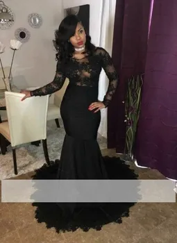 

Black Prom Dresses Mermaid Long Sleeves Appliques See Through Party Maxys Long Prom Gown Evening Dresses Robe De Soiree
