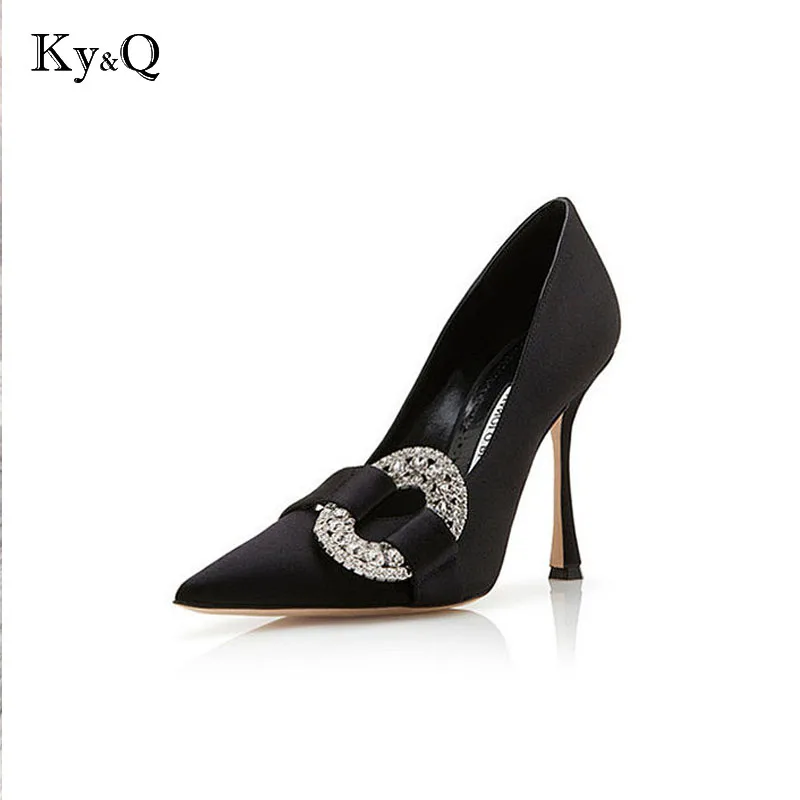 

2018 New shallow dress pumps pointed toe solid silk satin rhinestone high heels stilettos bridal wedding shoes women