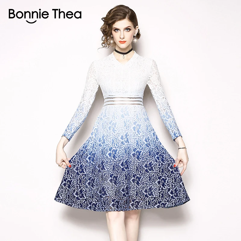 Bonnie Thea винтажное осеннее женское голубое кружевное платье vestido однотонное
