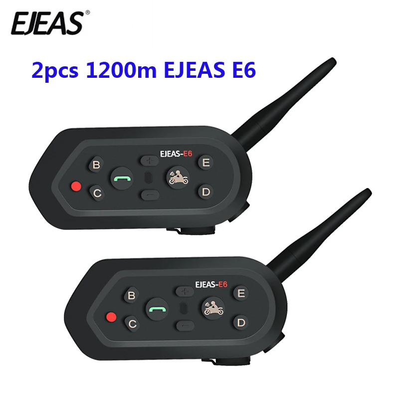 

2 pcs EJEAS Multifunctio E6 Motorcycle Intercom VOX BT Headset Helmet Interphone Bluetooth Intercom for 6 Riders 1200M Communica